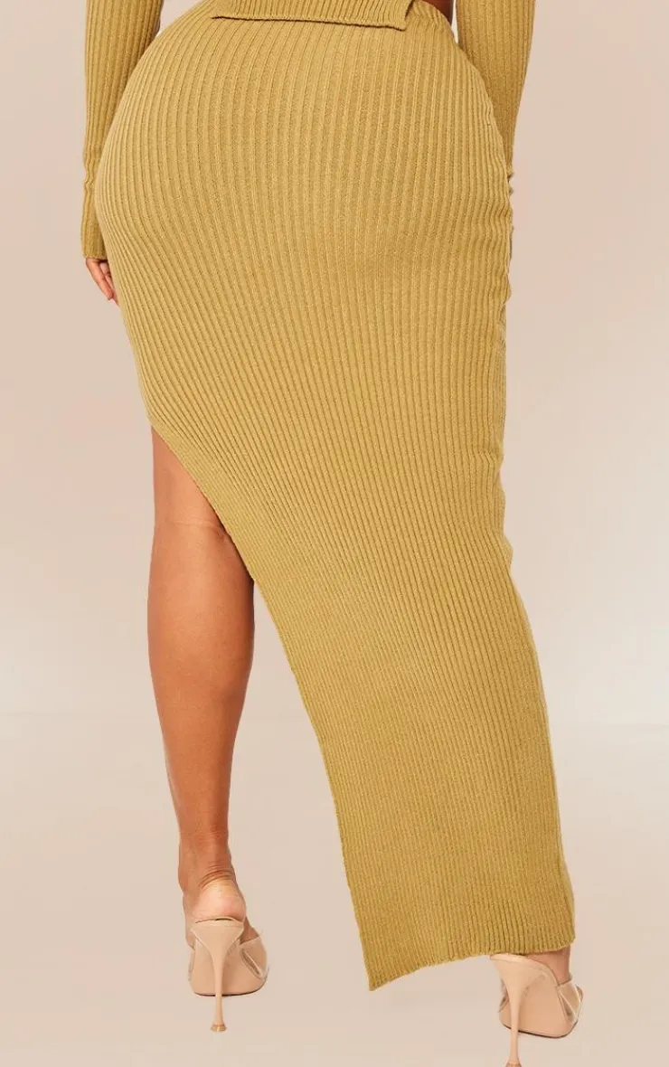 Sale PrettyLittleThing Shape Knit Split Side Detail Midaxi Skirt Khaki