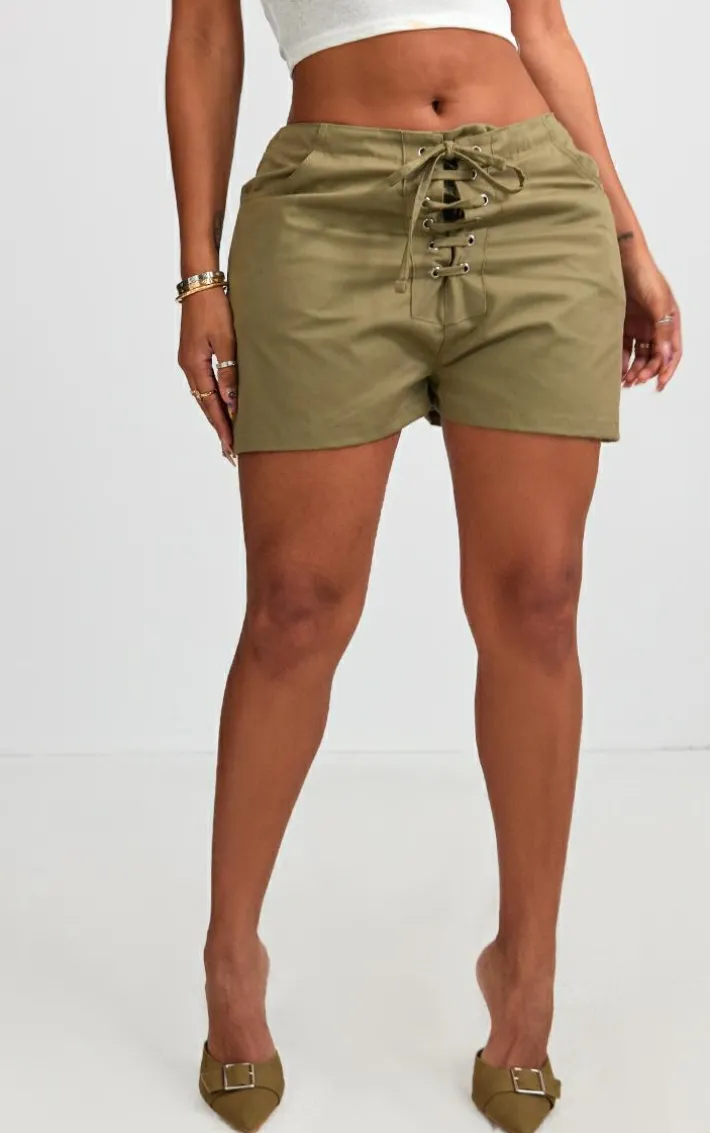 Shape Khaki Lace Up Front Twill Shorts