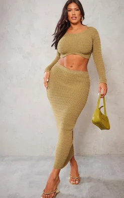 Best PrettyLittleThing Shape Panelled Knit Midaxi Skirt Khaki