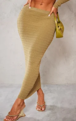 Best PrettyLittleThing Shape Panelled Knit Midaxi Skirt Khaki
