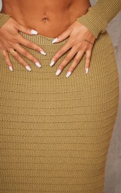 Best PrettyLittleThing Shape Panelled Knit Midaxi Skirt Khaki