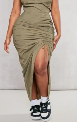 Outlet PrettyLittleThing Shape Parachute Ruched Split Front Midaxi Skirt Khaki