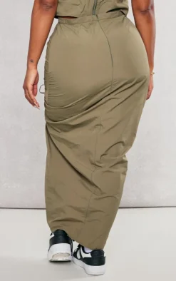 Outlet PrettyLittleThing Shape Parachute Ruched Split Front Midaxi Skirt Khaki