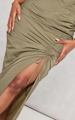 Outlet PrettyLittleThing Shape Parachute Ruched Split Front Midaxi Skirt Khaki