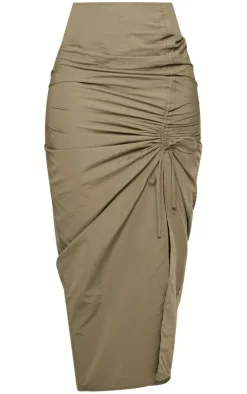 Outlet PrettyLittleThing Shape Parachute Ruched Split Front Midaxi Skirt Khaki
