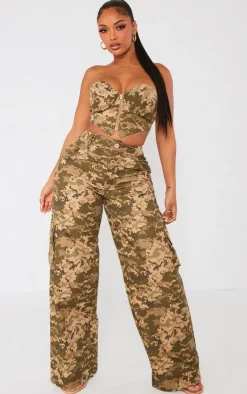 Online PrettyLittleThing Shape Pixel Camo Pocket Detail Wide Leg Pants Khaki