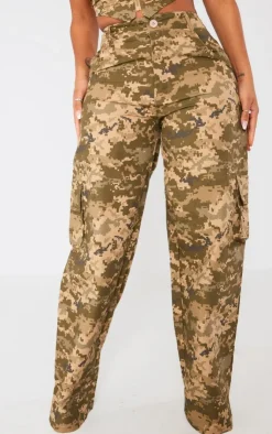 Online PrettyLittleThing Shape Pixel Camo Pocket Detail Wide Leg Pants Khaki