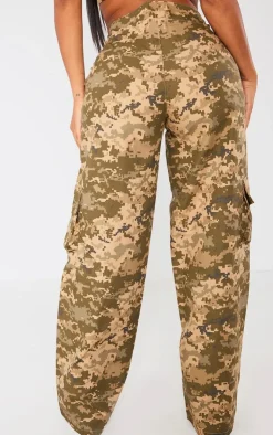 Online PrettyLittleThing Shape Pixel Camo Pocket Detail Wide Leg Pants Khaki