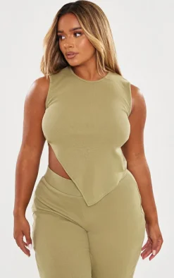 Sale PrettyLittleThing Shape Rib Asymmetric Sleeveless Top Khaki