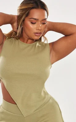 Sale PrettyLittleThing Shape Rib Asymmetric Sleeveless Top Khaki