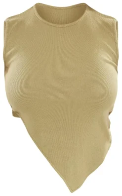 Sale PrettyLittleThing Shape Rib Asymmetric Sleeveless Top Khaki