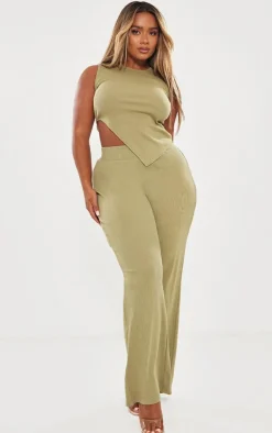 Online PrettyLittleThing Shape Rib High Waisted Flare Pants Khaki