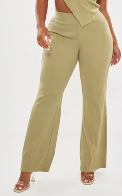Online PrettyLittleThing Shape Rib High Waisted Flare Pants Khaki