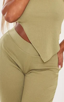 Online PrettyLittleThing Shape Rib High Waisted Flare Pants Khaki