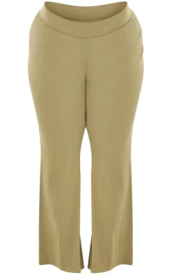 Online PrettyLittleThing Shape Rib High Waisted Flare Pants Khaki
