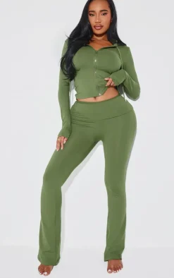 New PrettyLittleThing Shape Sculpted Foldover Waist Flare Pants Khaki
