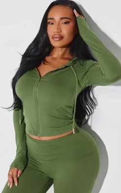 PrettyLittleThing Shape Sculpted Zip Through Hoodie Khaki