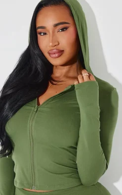 PrettyLittleThing Shape Sculpted Zip Through Hoodie Khaki