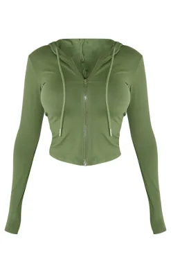 PrettyLittleThing Shape Sculpted Zip Through Hoodie Khaki