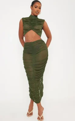 Discount PrettyLittleThing Shape Sheer Mesh Ruched Front Midaxi Skirt Khaki