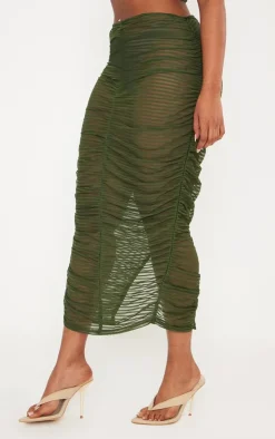 Discount PrettyLittleThing Shape Sheer Mesh Ruched Front Midaxi Skirt Khaki