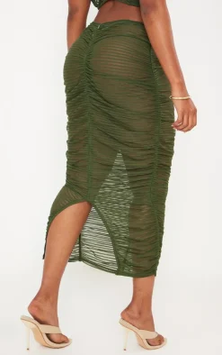 Discount PrettyLittleThing Shape Sheer Mesh Ruched Front Midaxi Skirt Khaki