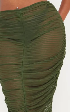 Discount PrettyLittleThing Shape Sheer Mesh Ruched Front Midaxi Skirt Khaki
