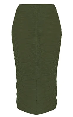 Discount PrettyLittleThing Shape Sheer Mesh Ruched Front Midaxi Skirt Khaki