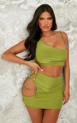 Online PrettyLittleThing Shape Slinky Strap Detail Crop Top Khaki
