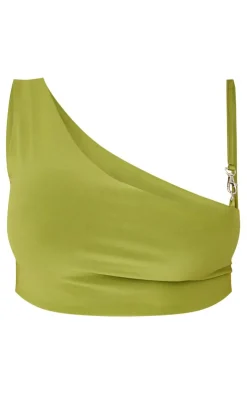 Online PrettyLittleThing Shape Slinky Strap Detail Crop Top Khaki
