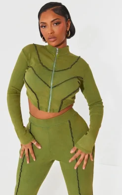 Online PrettyLittleThing Shape Soft Rib Seam Detail Long Sleeve Cropped Jacket Khaki