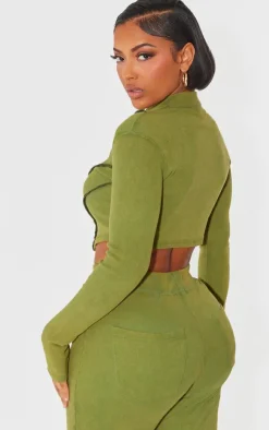 Online PrettyLittleThing Shape Soft Rib Seam Detail Long Sleeve Cropped Jacket Khaki