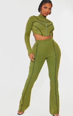 Online PrettyLittleThing Shape Soft Rib Seam Detail Long Sleeve Cropped Jacket Khaki