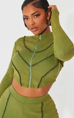 Online PrettyLittleThing Shape Soft Rib Seam Detail Long Sleeve Cropped Jacket Khaki