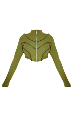 Online PrettyLittleThing Shape Soft Rib Seam Detail Long Sleeve Cropped Jacket Khaki