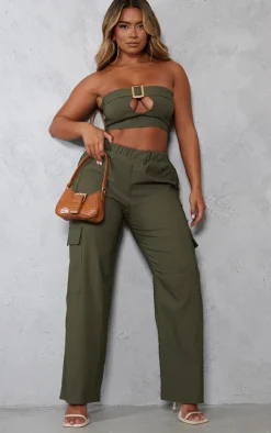 Discount PrettyLittleThing Shape Stretch Woven Pocket Detail Wide Leg Pants Khaki