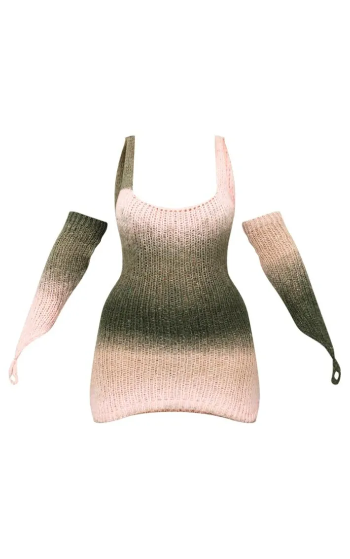 Shape Khaki Stripe Knit Square Neck Bardot Sleeve Dress