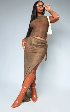 New PrettyLittleThing Shape Textured Jersey Maxi Skirt Khaki