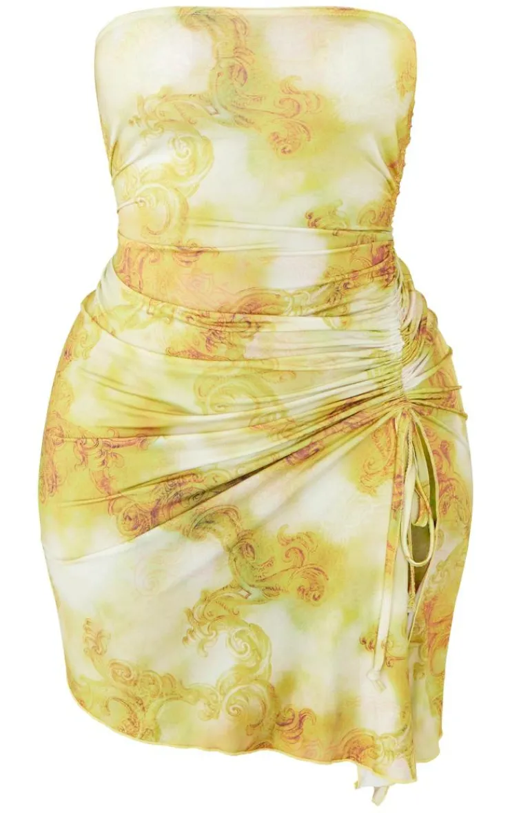 Shape Tie Dye Print Slinky Bandeau Ruched Side Frill Bodycon Dress-PrettyLittleThing Discount