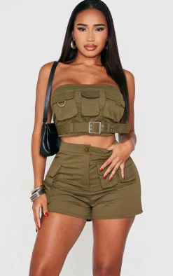 Hot PrettyLittleThing Shape Twill Buckle Detail Cargo Bandeau Khaki