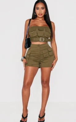 Hot PrettyLittleThing Shape Twill Buckle Detail Cargo Bandeau Khaki