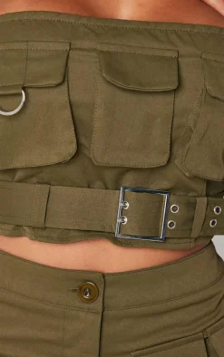 Hot PrettyLittleThing Shape Twill Buckle Detail Cargo Bandeau Khaki