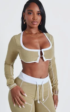 PrettyLittleThing Shape Washed Cotton Hook And Eye Long Sleeve Crop Top Khaki