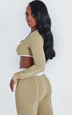PrettyLittleThing Shape Washed Cotton Hook And Eye Long Sleeve Crop Top Khaki