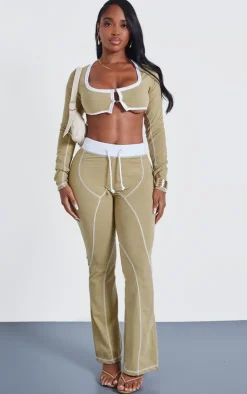 PrettyLittleThing Shape Washed Cotton Hook And Eye Long Sleeve Crop Top Khaki