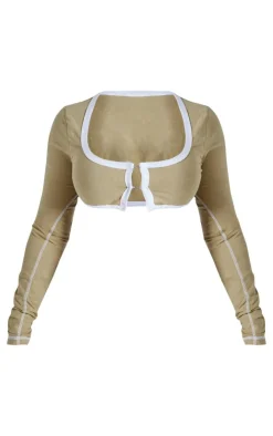 PrettyLittleThing Shape Washed Cotton Hook And Eye Long Sleeve Crop Top Khaki