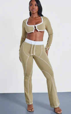 New PrettyLittleThing Shape Washed Cotton Seam Detail Flare Leggings Khaki