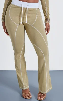 New PrettyLittleThing Shape Washed Cotton Seam Detail Flare Leggings Khaki