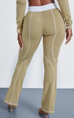 New PrettyLittleThing Shape Washed Cotton Seam Detail Flare Leggings Khaki