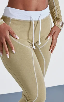 New PrettyLittleThing Shape Washed Cotton Seam Detail Flare Leggings Khaki